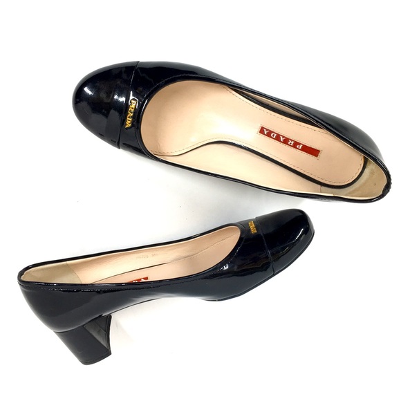 Prada Shoes - PRADA Black Patent Leather Block Heel Pump EUC Sz 6 36.5